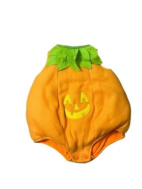 Orange Pumpkin Baby Costume Romper with Green Leaf Collar Sz 6-12 M
